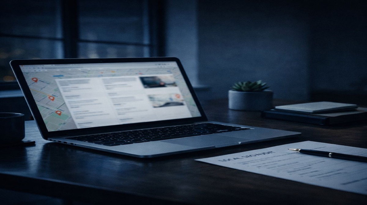 إزالة ملف Google التجاري - مشاكل الأعمال - حاسوب محمول يعرض واجهة الخرائط مع علامات مواقع متعددة ووثائق حلول قانونية لإدارة القوائم
