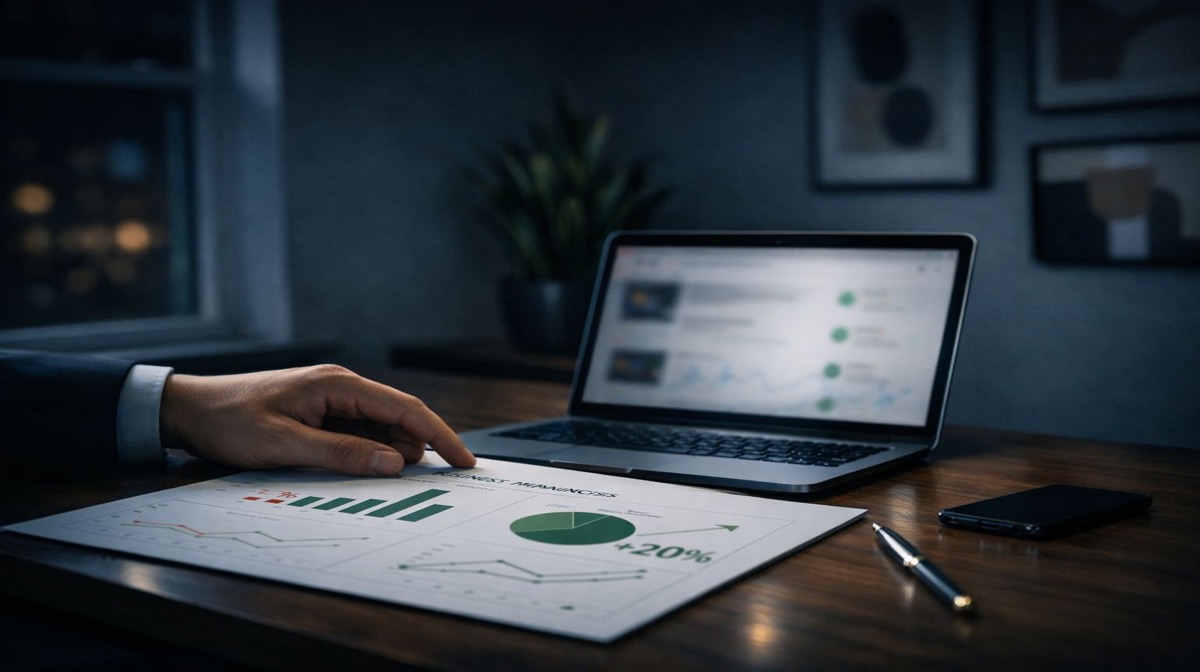 إزالة ملف Google التجاري - لماذا التصرف - متخصص أعمال يراجع لوحة تحليلات بمقاييس أداء متراجعة وحاسوب محمول يعرض واجهة إدارة الملف التجاري