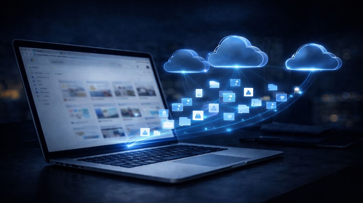 Google Drive DMCA takedown solution proven results - laptop displaying cloud storage interface with holographic cloud icons and files representing successful copyright protection