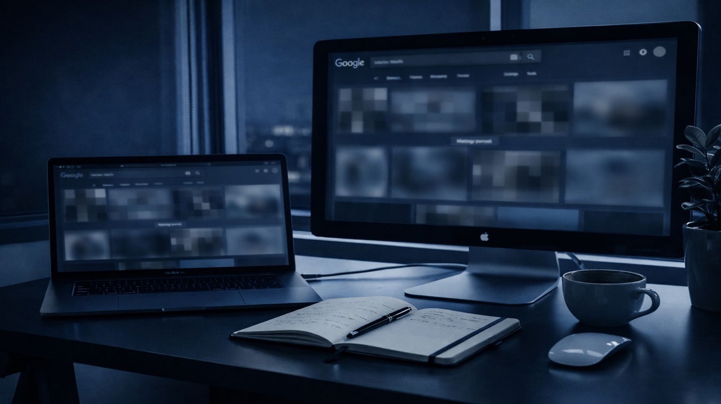 صور جوجل تنشر صورك في كل مكان - شاشات متعددة تعرض نتائج بحث صور جوجل مع صور ضبابية تمثل انتشار الصور عالمياً عبر الأجهزة والمنصات