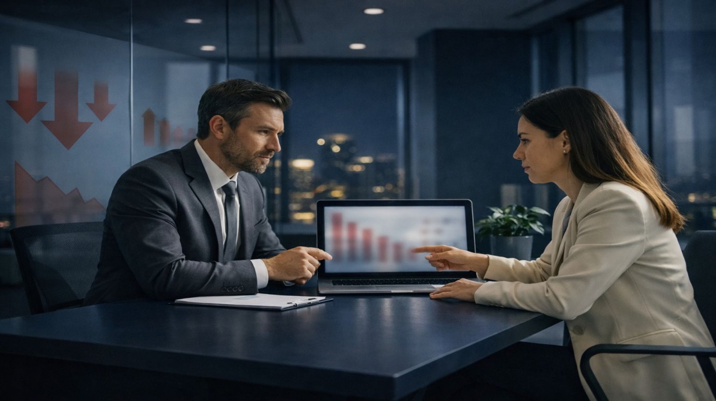 إدارة تقييمات Google - محترفون في اجتماع يناقشون مقاييس انخفاض الأداء على شاشة الكمبيوتر مع أسهم حمراء تمثل التأثير الحرج لسوء إدارة تقييمات Google