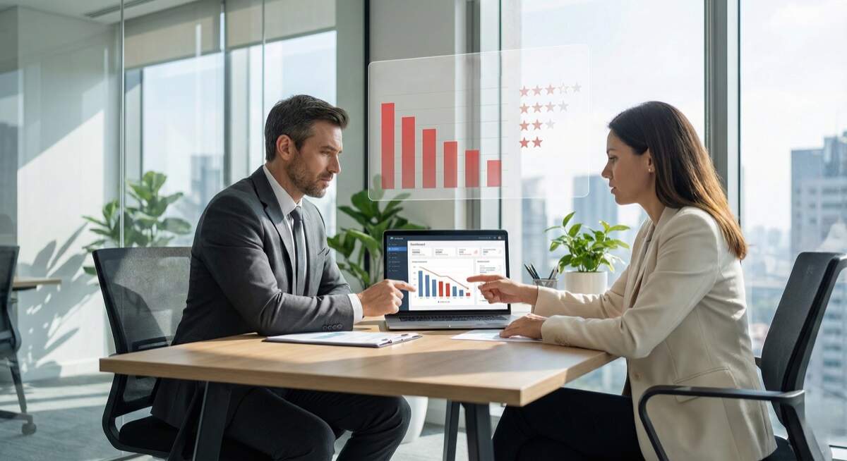 Google review management make or break business - business professionals analyzing critical customer review metrics and star ratings that determine business success