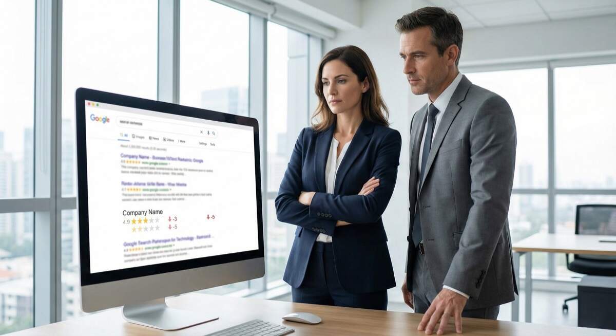 Google review management unmanaged reviews damage - business professionals concerned about negative online reviews and poor star ratings appearing in search results