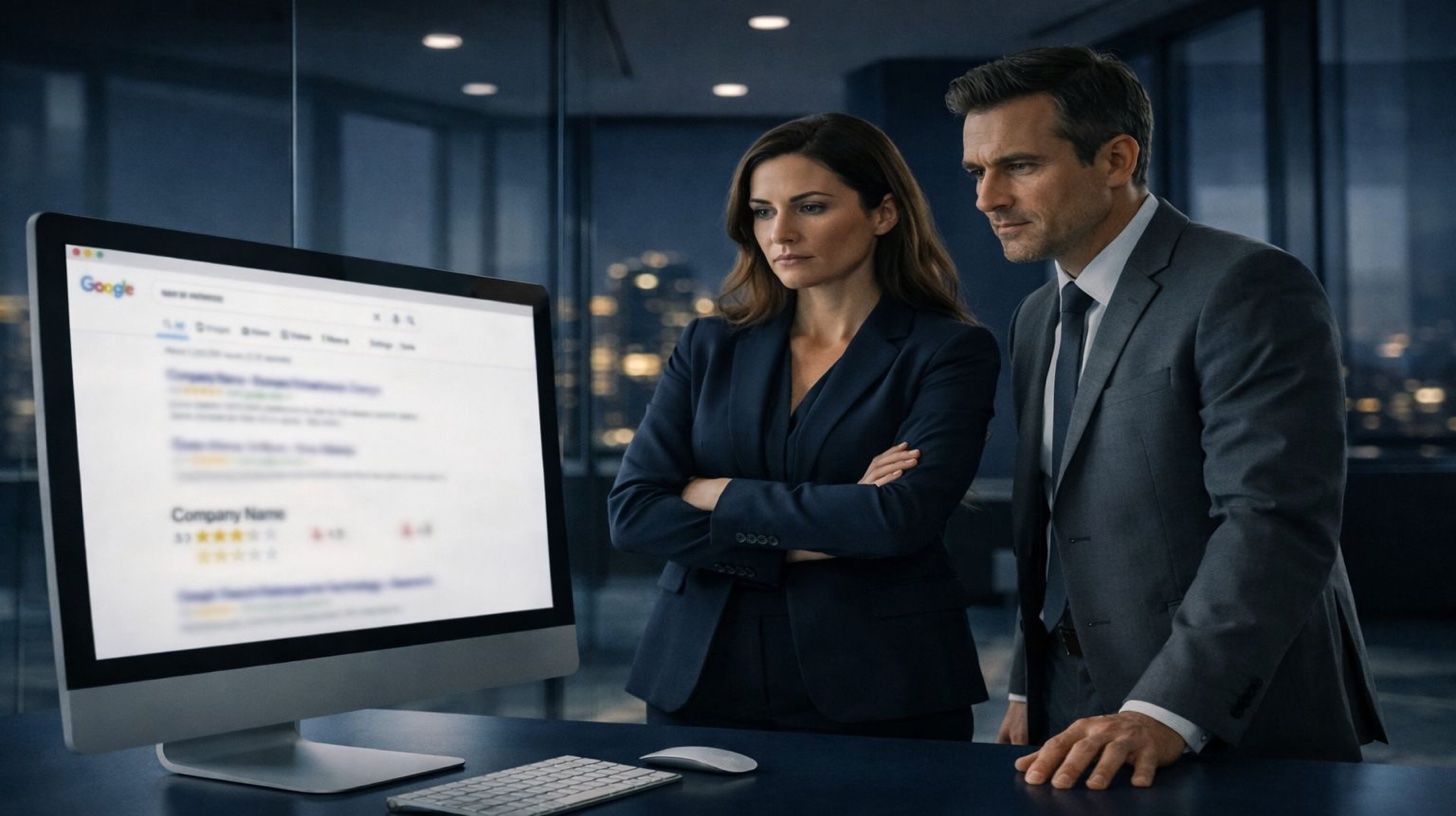 إدارة تقييمات Google - محترفون قلقون يشاهدون شاشة تعرض نتائج بحث Google مع تقييمات نجوم الشركة تمثل الحاجة العاجلة لإدارة التقييمات