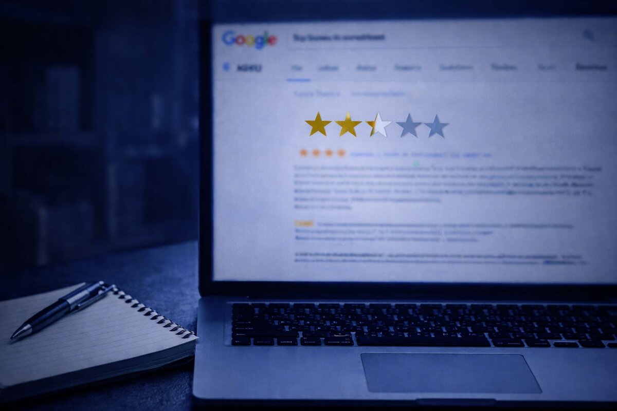 Google yorum kaldırma neden hızlı davranmalısınız - düşük puan yıldız değerlendirmesi laptop ekranında müşteri itibar riski