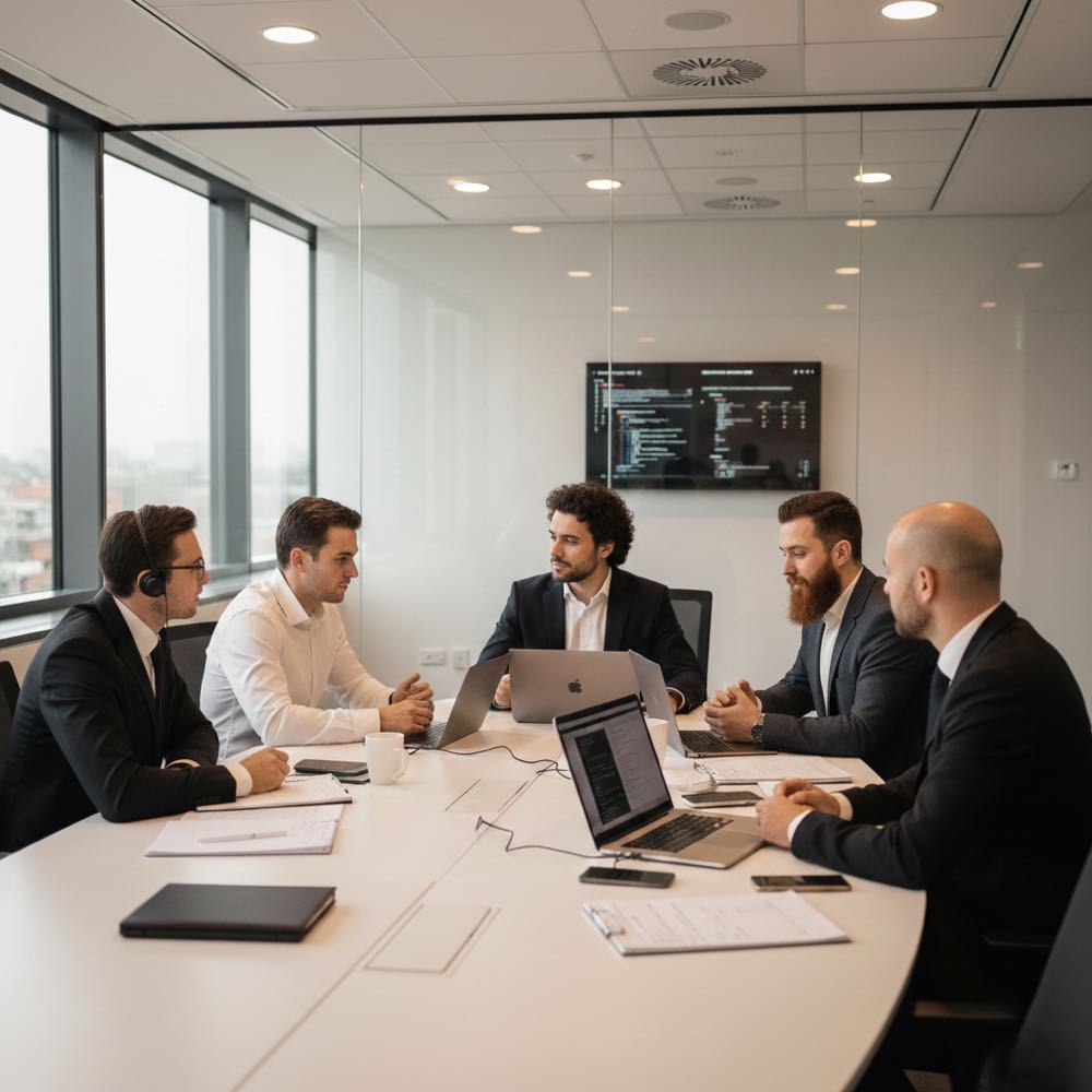 Grindr blackmail solution - expert team strategizing threat response and victim protection in professional office meeting