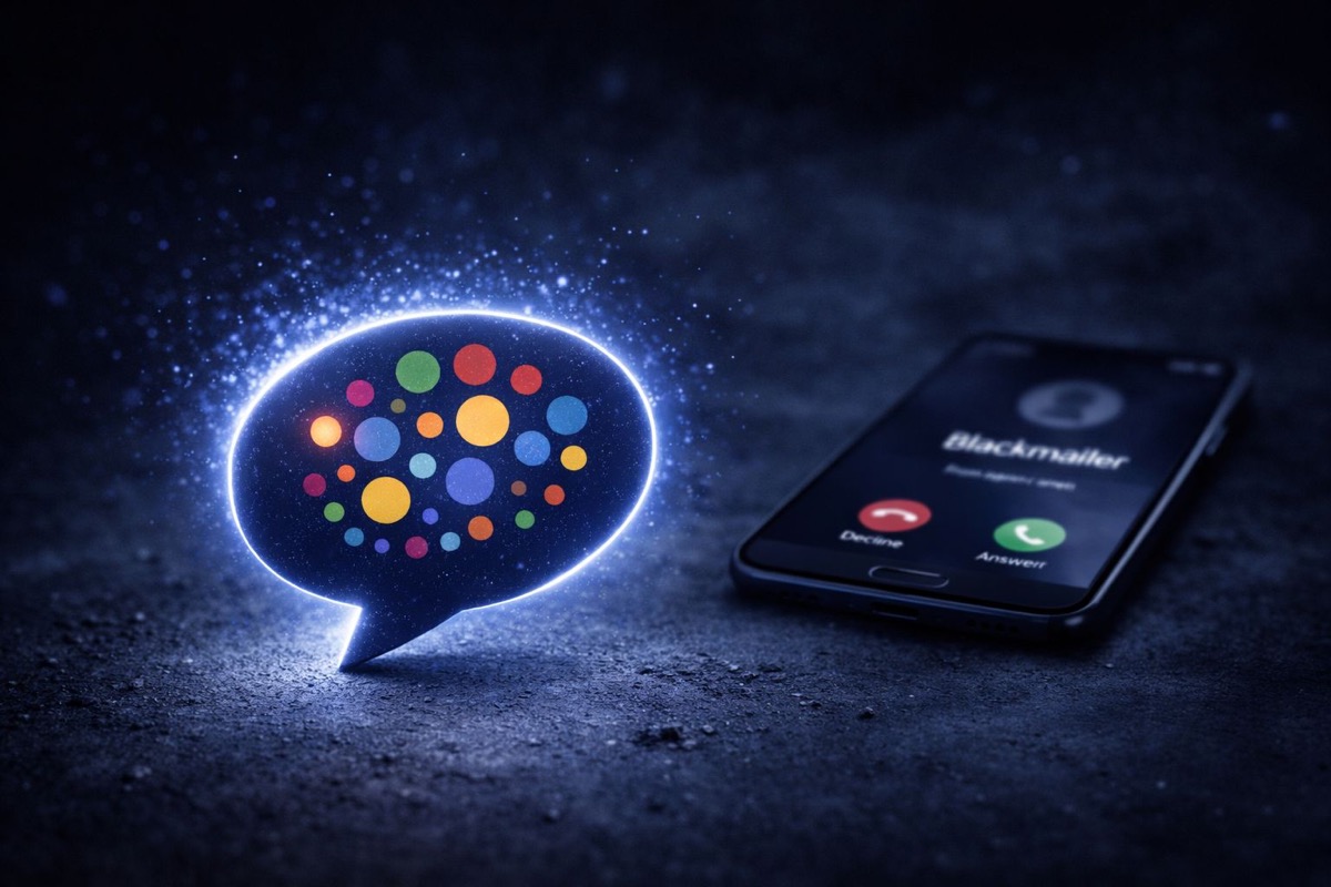 HelloTalk şantajı acil uyarı - renkli mesaj baloncuğu ve şantajcı araması gelen telefon ile acil müdahale gerekliliği