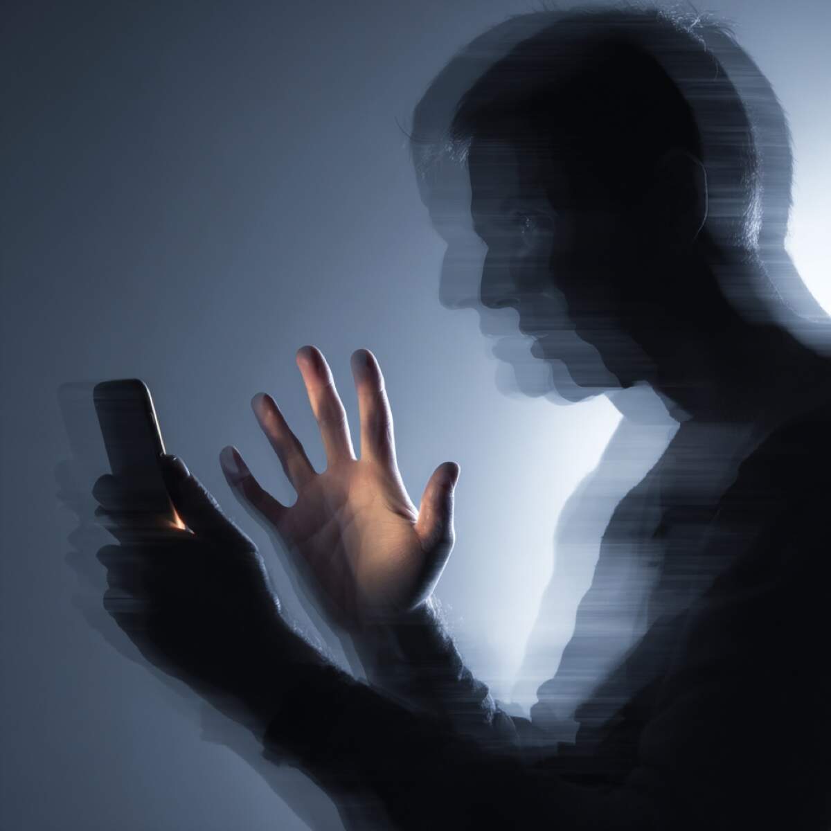 Help victim extortion growing digital threat - silhouetted figure representing cybercriminal threatening vulnerable victim through digital intimidation
