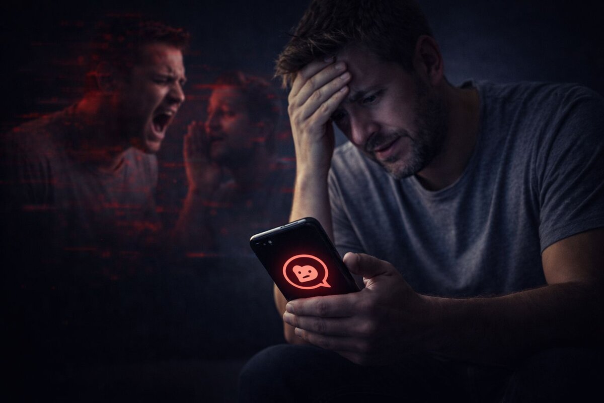 Hoop app şantajı problem - karanlık odada elinde kırmızı Hoop logolu telefon başını tutarak çaresizce oturan endişeli mağdur arka planda kırmızı bağıran şantajcı hayalet figürleri tehditi gösteriyor