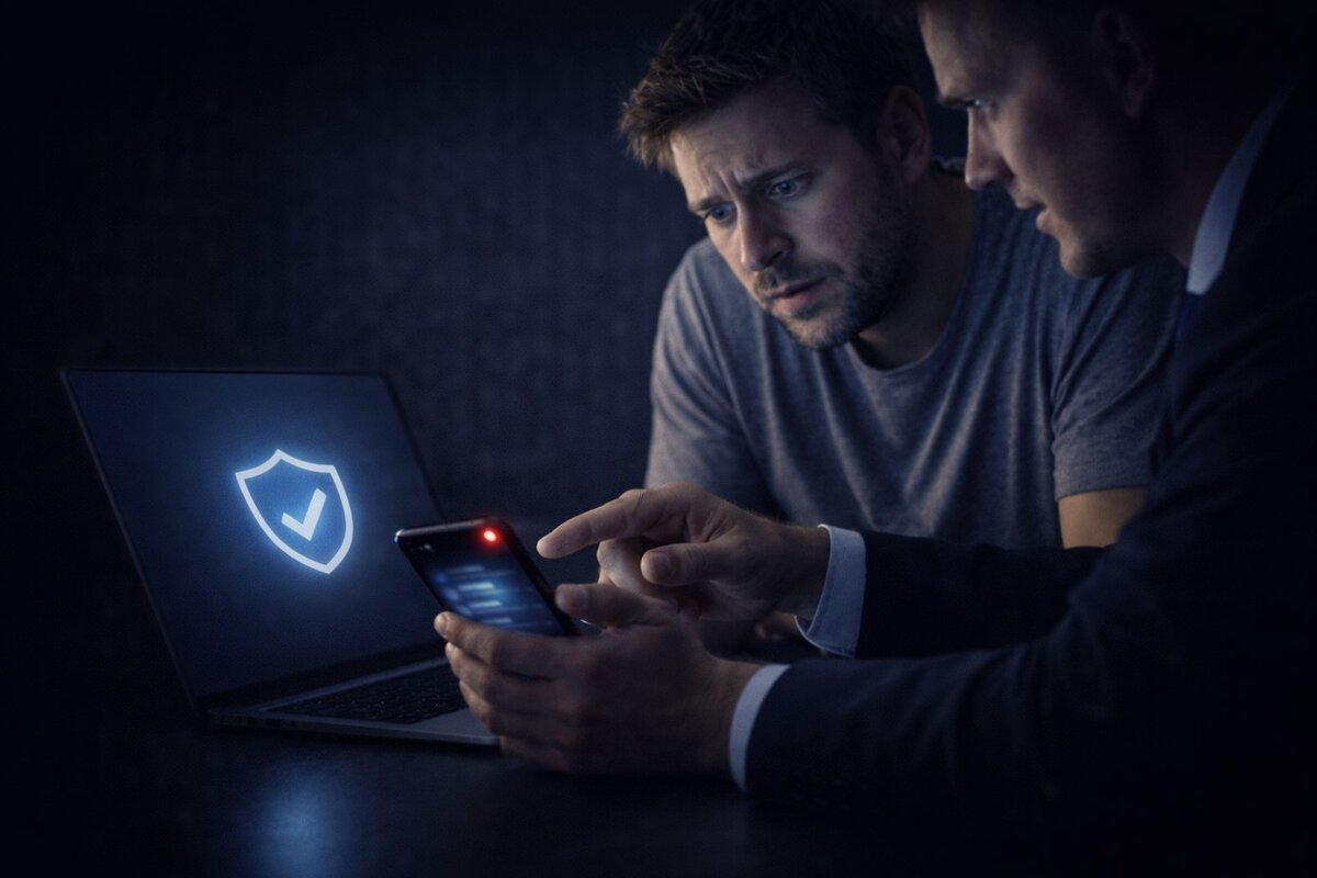 Hoop app şantajı çözüm süreci - karanlık ofiste laptop ekranında mavi güvenlik kalkanı ile mağdura Hoop bildirim ışığı yanan telefon ekranını gösteren takım elbiseli siber güvenlik uzmanı danışmanlığı