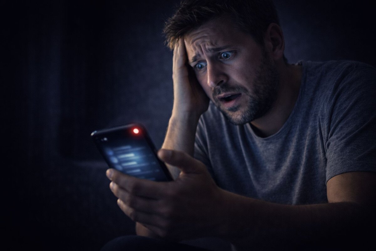Hoop app şantajında neden hemen harekete geçmelisiniz - karanlık odada elinde bildirim ışığı yanan telefon ekranına şokla bakan başını tutan endişeli mağdur acil müdahale gerekliliğini gösteriyor