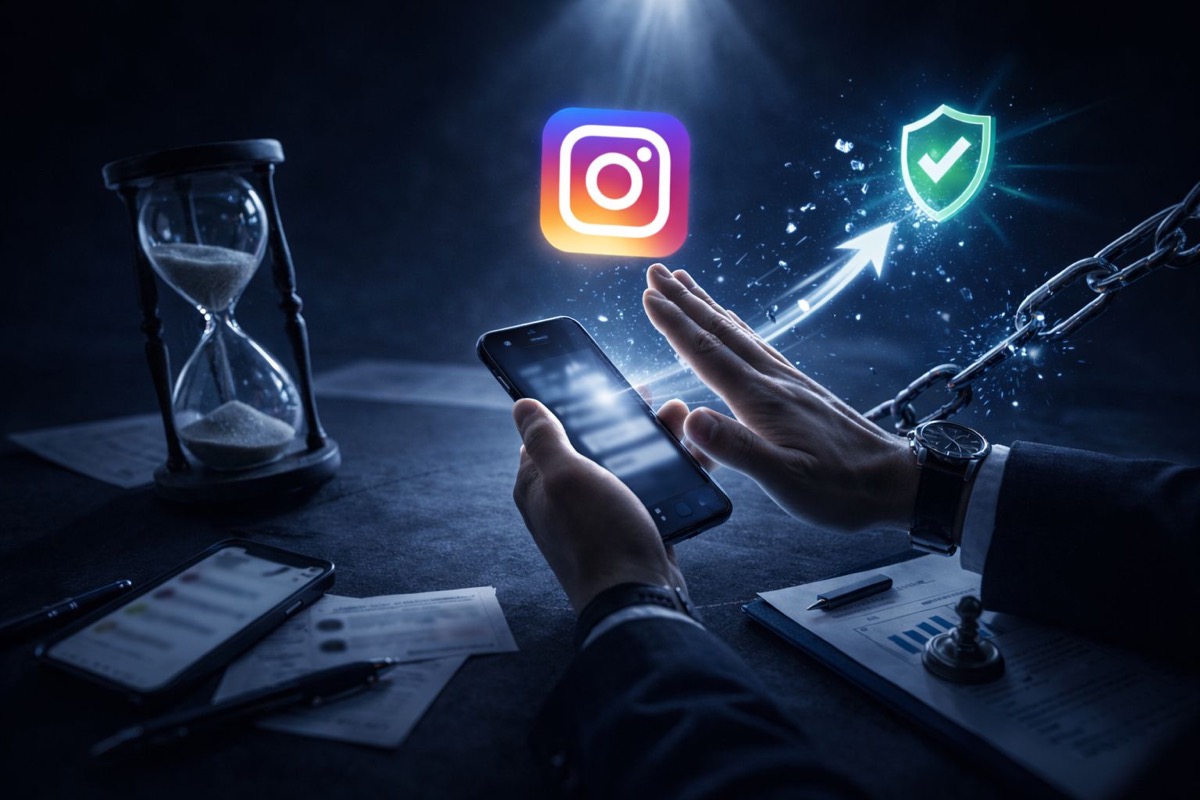 Instagram tehdit acil koruma - kum saati ile zaman baskısı, Instagram logosu ve kırılan zincir ile kalkan koruma simgesi