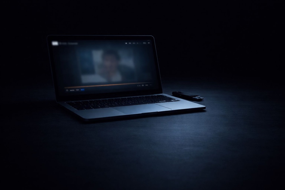Mahrem video şantaj ifşa tehdidi - karanlık ortamda dizüstü bilgisayarda bulanıklaştırılmış video ve USB bellek ile video şantaj riski