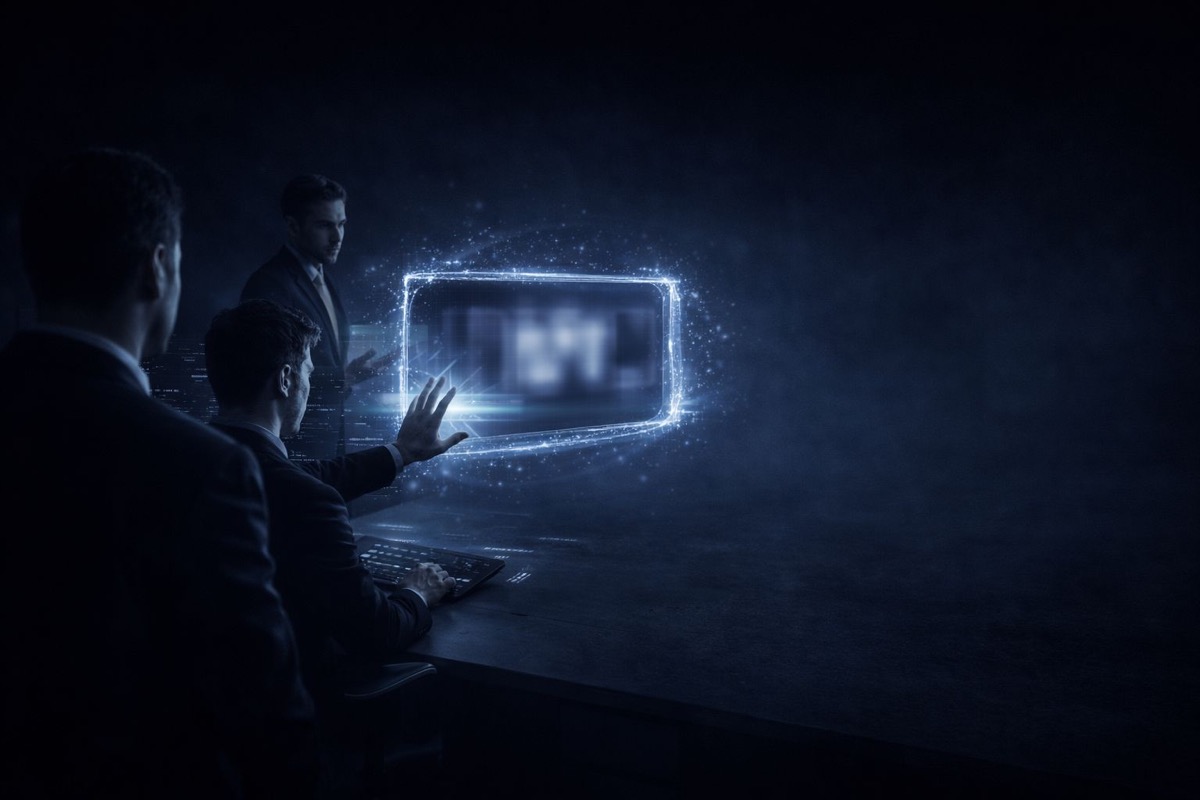 Mahrem video şantaj çözüm uzman ekip - profesyonel ekip holografik ekranda bulanık video içeriğini analiz ederek şantaj durdurma sürecinde