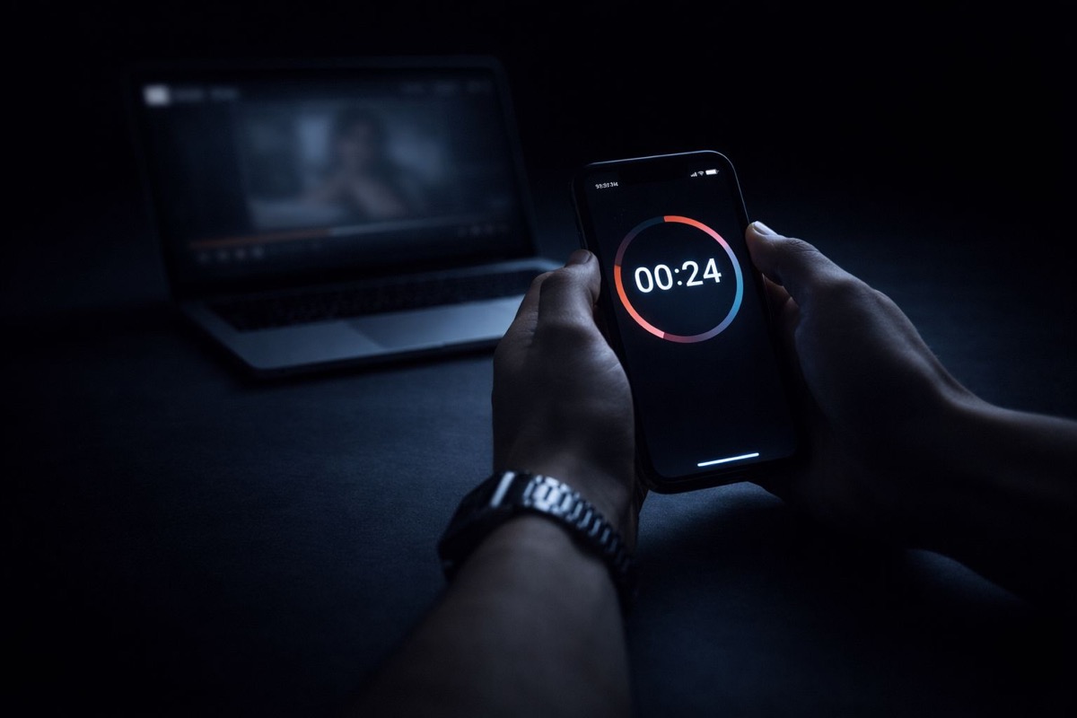 Mahrem video şantaj acil geri sayım - telefonda 00:24 geri sayım sayacı ve arka planda bulanık video ile acil müdahale gerekliliği