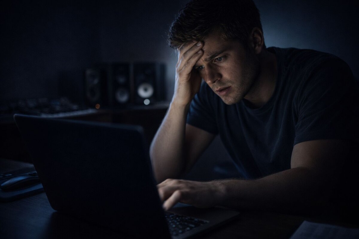 Makromüzik şantajı problem - karanlık müzik stüdyosunda laptop başında stüdyo monitörleri önünde başını tutarak çaresizce bilgisayar ekranına bakan endişeli müzisyen