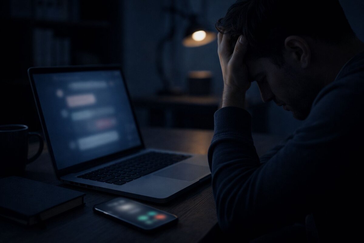 Makromüzik şantajı neden hemen harekete geçmelisiniz - karanlık çalışma masasında laptop ve telefonu önünde başını elleriyle tutarak çaresizce öne eğilen bunalmış mağdur