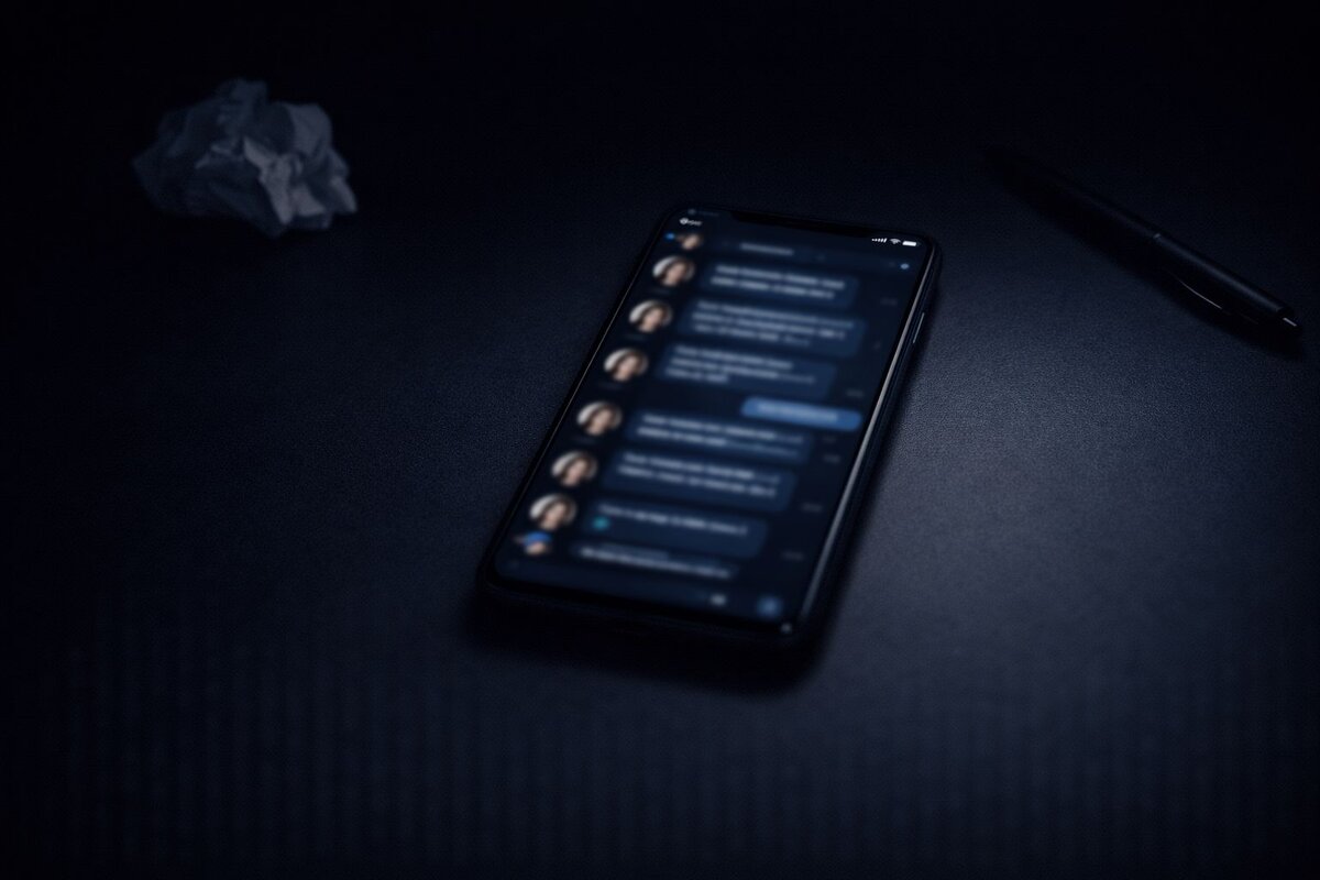 Matchpub şantajı problem - karanlık masada terkedilmiş telefon ekranında Matchpub şantaj sohbet mesajları görünüyor yanında buruşturulmuş kağıt topu ve kalem mağdurun çaresizliğini gösteren arkadaşlık platform tehdidi