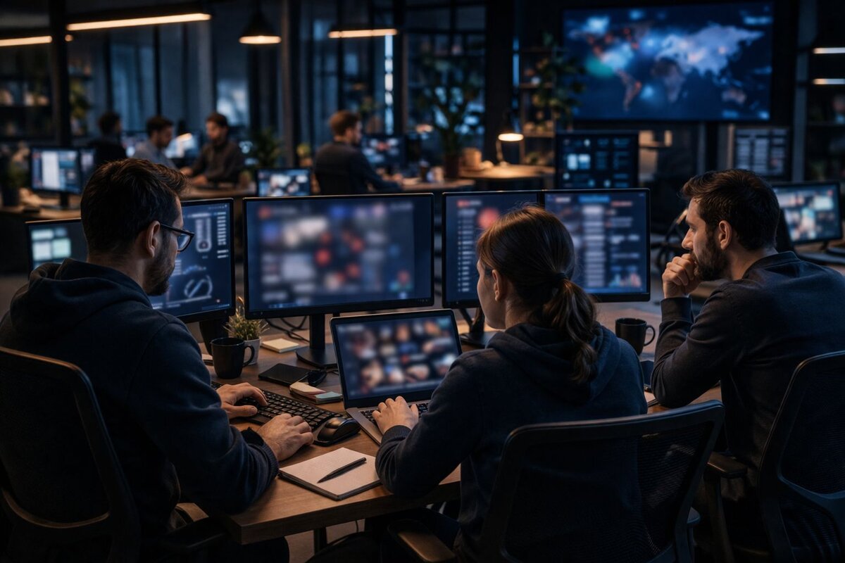 Matchpub şantajı çözüm süreci - karanlık operasyon merkezinde çoklu monitör önünde Matchpub şantaj vakası analiz eden siber güvenlik uzman ekibi arkadaşlık platform koruma protokolü uyguluyor