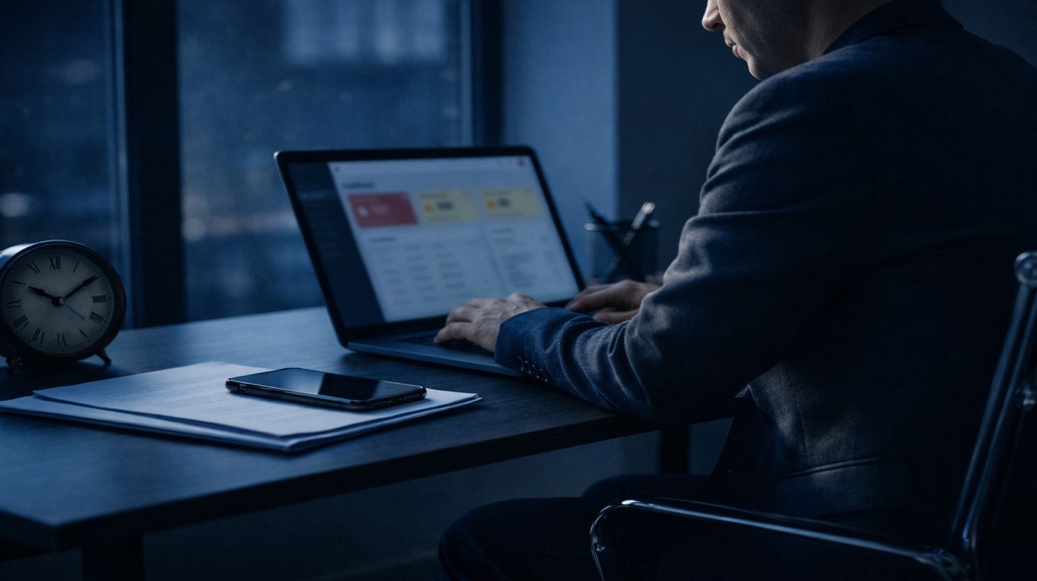 كل يوم بدون مراقبة يكلفك فرصاً ضائعة - متخصص أعمال قلق يشاهد حاسوباً محمولاً يعرض فرصاً ضائعة ومقاييس متراجعة تمثل خسائر يومية من تهديدات السمعة غير المكتشفة
