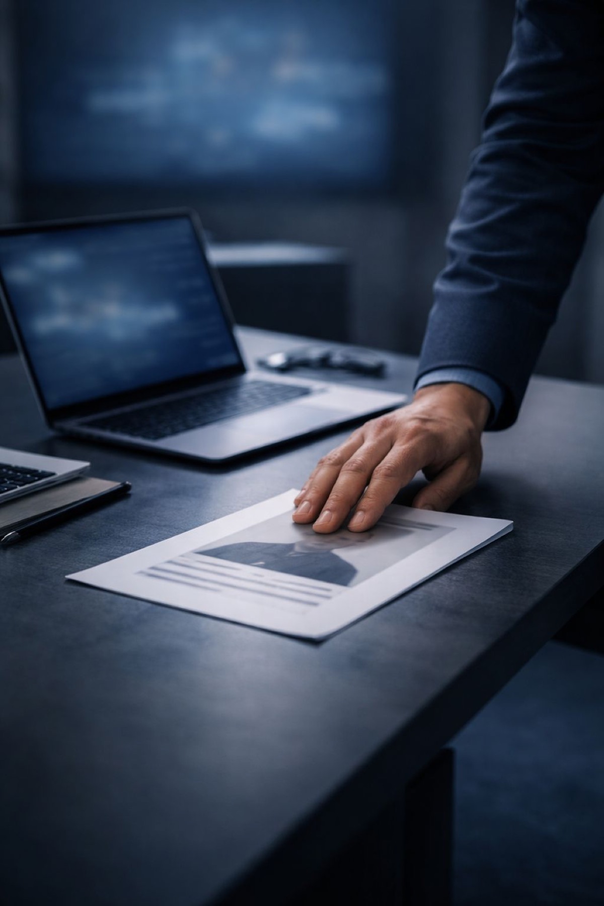 ابتزاز صور الاعتقال - خبير يراجع وثيقة صور اعتقال على مكتب مظلم مع حاسوب محمول لتحليل استراتيجية الإزالة