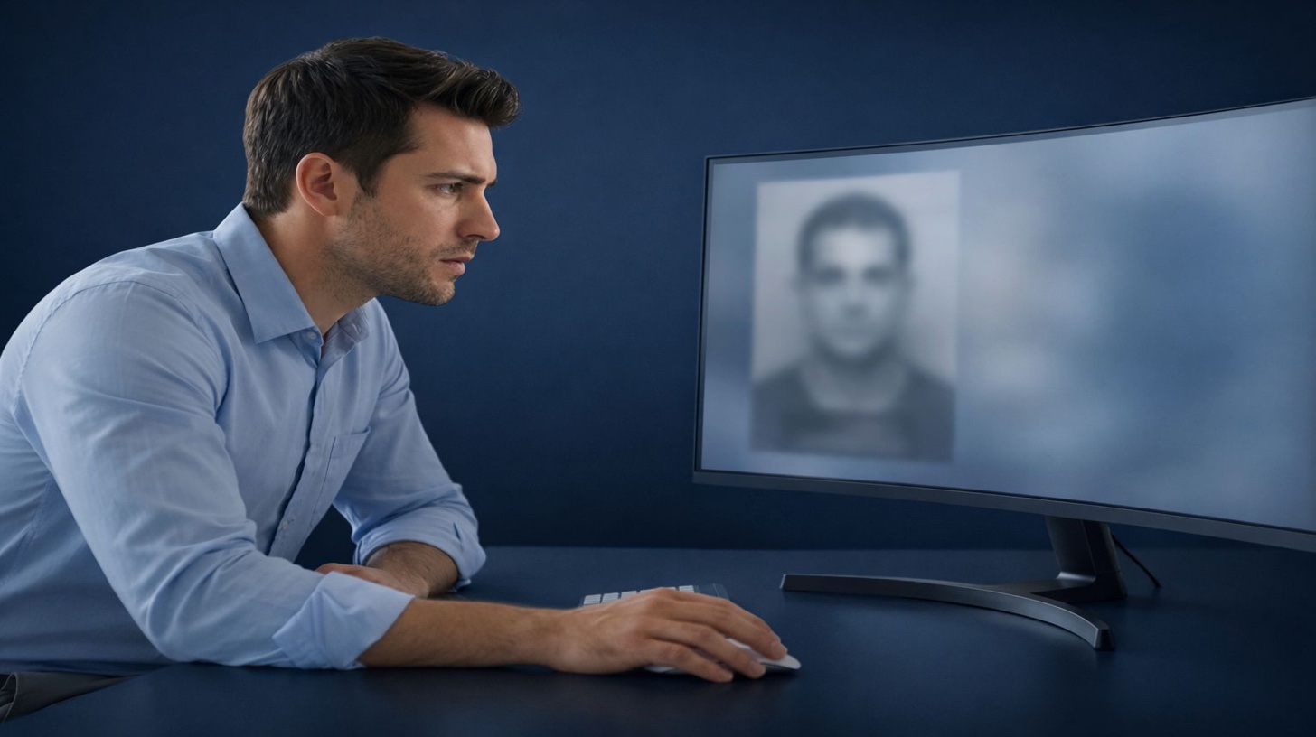 Mugshot removal mugshots ruining reputation - professional viewing computer monitor displaying blurred mugshot photo representing embarrassing arrest records causing job loss reputation damage and online search result harm requiring immediate removal services