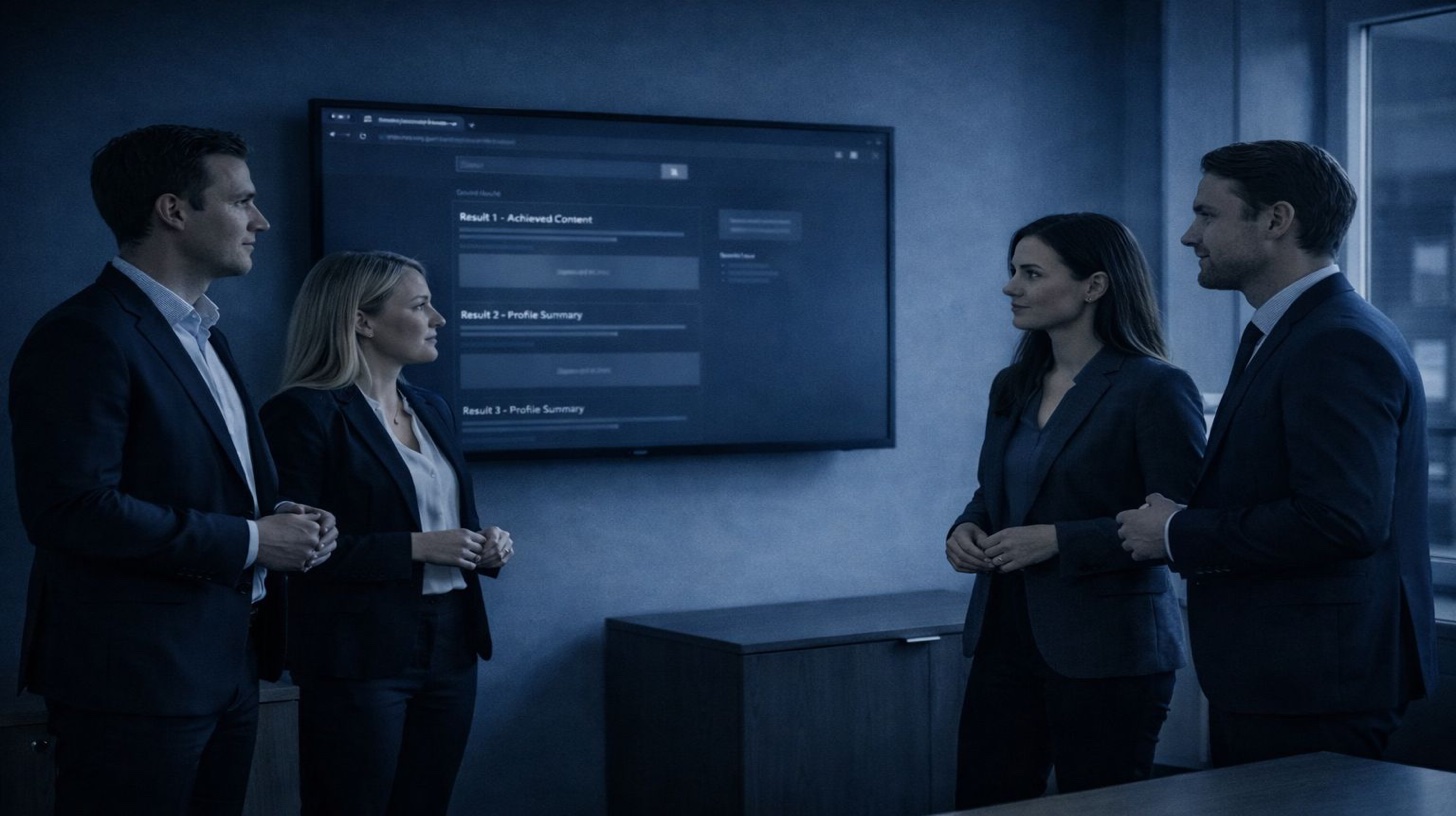 المحتوى السلبي يزداد سوءاً مع مرور الوقت - محترفون قلقون يشاهدون حاسوباً محمولاً يعرض نتائج بحث سلبية متصاعدة مع رسوم بيانية تصاعدية تمثل كيف يكتسب المحتوى السلبي موثوقية ويُفهرس أكثر وينتشر عبر المنصات مما يتطلب إزالة مهنية عاجلة