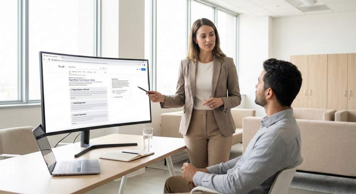 Negative content removal ruining reputation - business professionals consulting about concerning online content displayed on monitor showing impact of negative articles and posts