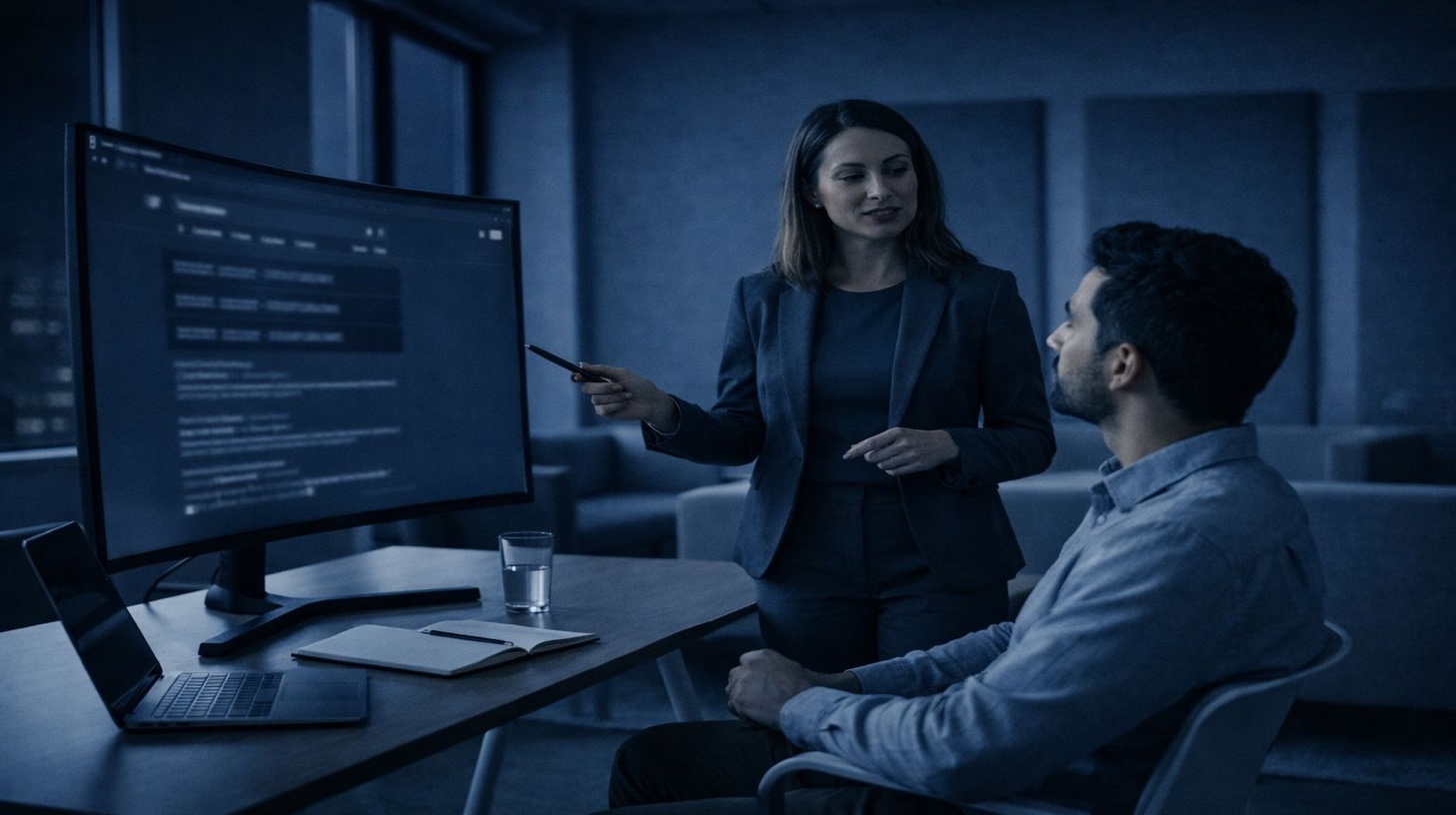 إزالة المحتوى السلبي - محتوى سلبي يدمر السمعة - محترفون قلقون في اجتماع أزمة يشاهدون حاسوباً محمولاً يعرض مقالات سلبية ضارة ومنشورات منتديات ومحتوى تشهيري عبر الإنترنت يظهر في نتائج البحث مسبباً ضرراً شديداً للسمعة الشخصية والمهنية