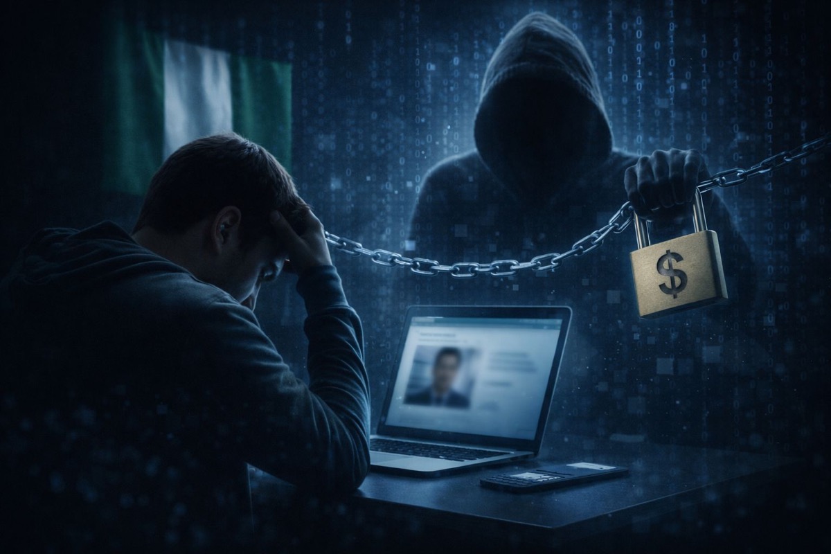 Nijerya şantajı siber tehdit mağduru - bilgisayar başında kapüşonlu şantajcı figürü ve zincirli kilit ile online şantaj tehdidi