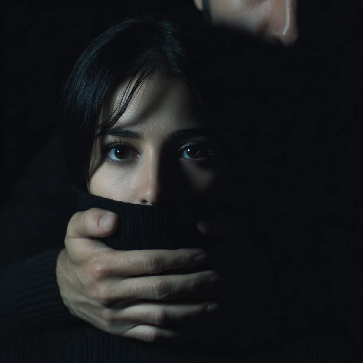 Nudes blackmail immediate action - distressed woman victim silenced by hands showing urgent need for professional help