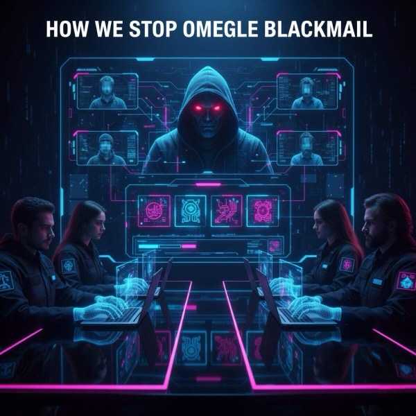 How we stop Omegle blackmail - cybersecurity team analyzing anonymous chat threats and implementing immediate response protocols to neutralize predators and protect victims