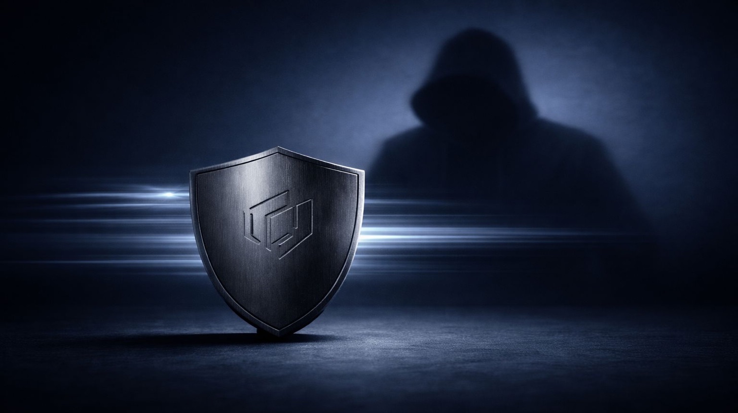 حماية العلامة التجارية عبر الإنترنت - تكلفة إساءة استخدام العلامة التجارية والتقليد - درع معدني داكن مع رمز العلامة التجارية المنقوش