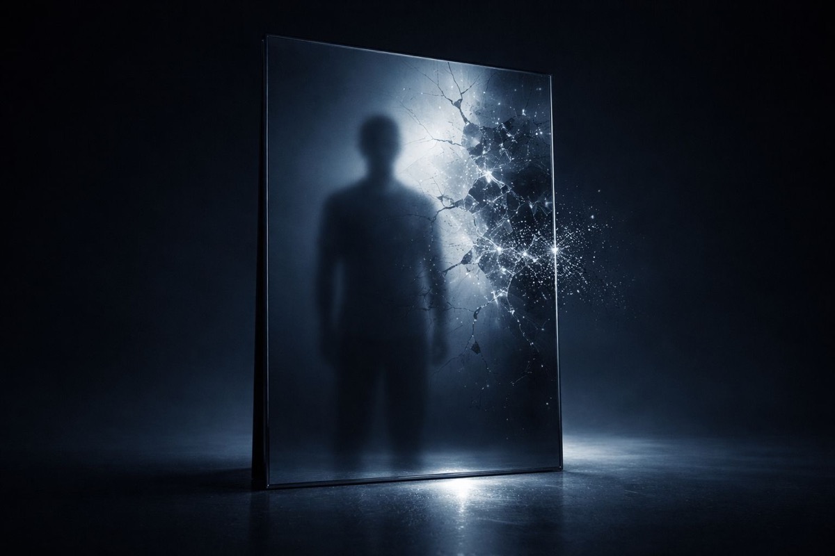 إزالة التحرش الإلكتروني - لوحة زجاجية رقمية محطمة مع صورة ظلية بشرية ضبابية تمثل الهوية المكسورة والسمعة المتضررة من التحرش الإلكتروني