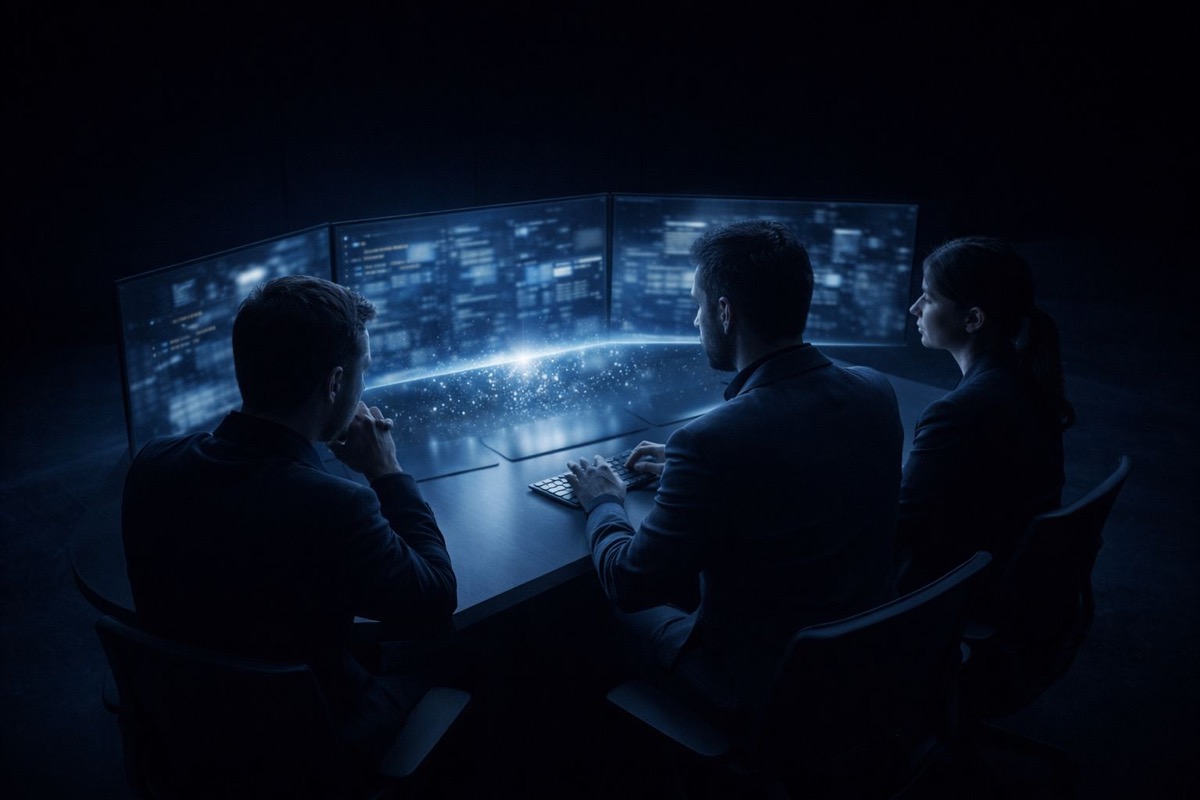 إزالة التحرش الإلكتروني - فريق أمن سيبراني يراقب انتشار محتوى التحرش عبر شاشات متعددة في مركز عمليات مظلم