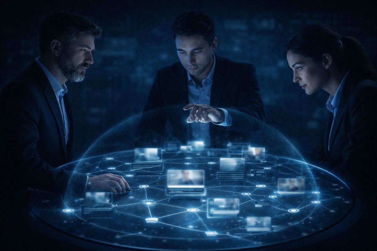 Online içerik koruma çözümü - uzman ekip holografik içerik ağı üzerinde dijital içerik koruma stratejisi planlıyor