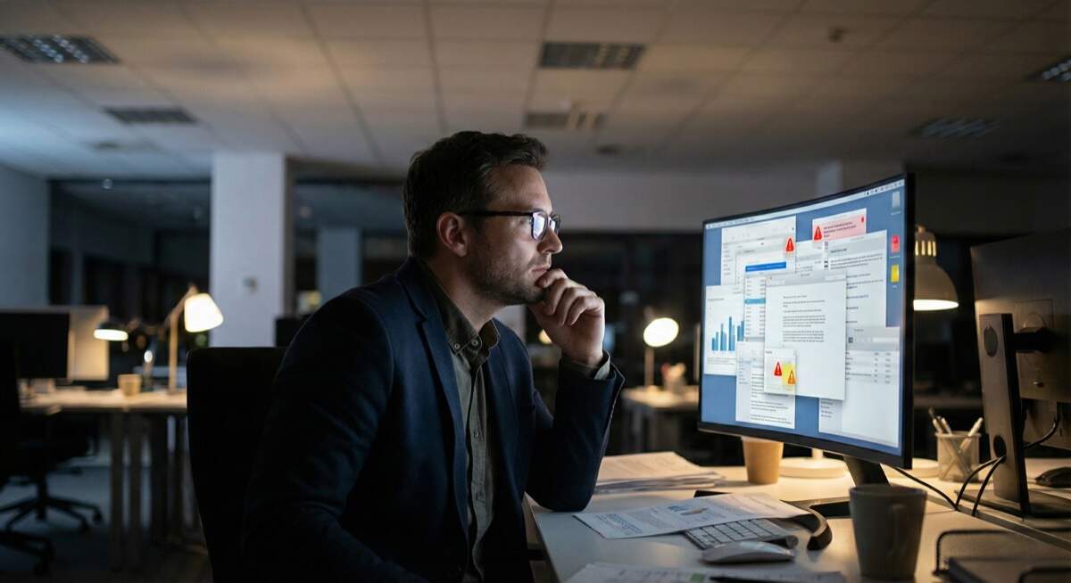 Online reputation management DIY struggles - stressed businessman working late reviewing complex reputation data showing how amateur DIY reputation management often backfires and requires professional expertise