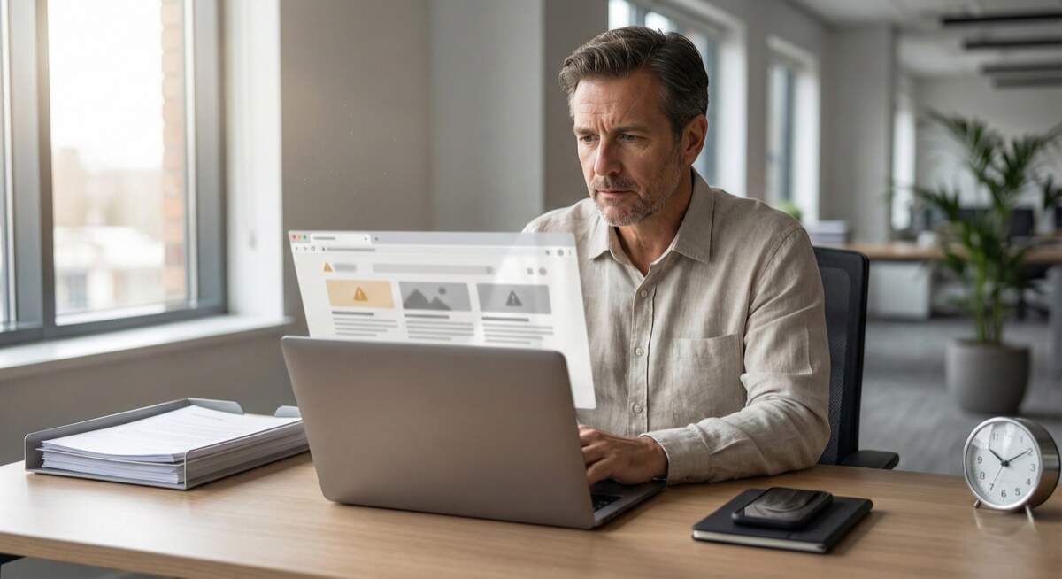 Online reputation management professional expertise - concerned business professional reviewing reputation alerts on laptop requiring expert reputation management and monitoring services