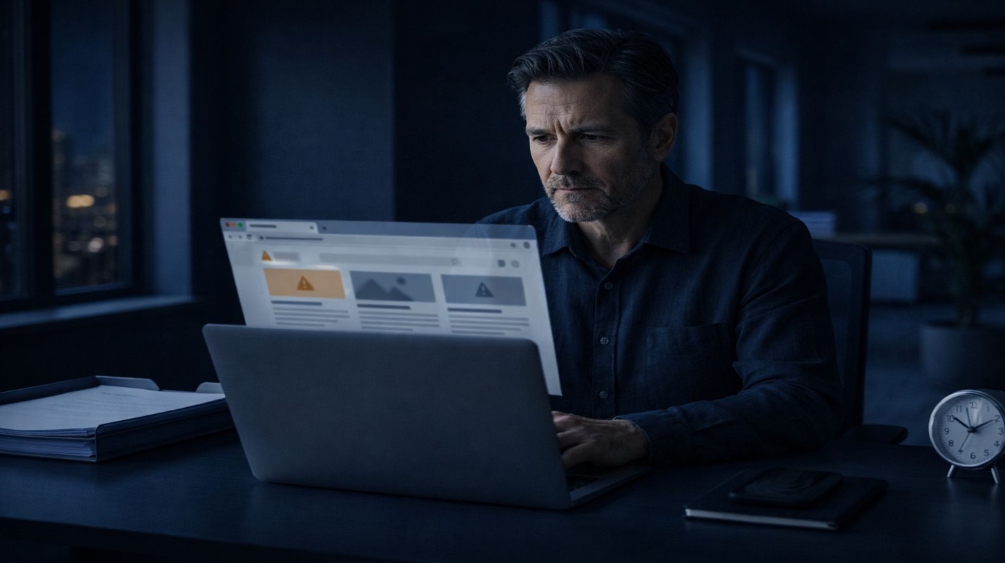 Online reputation needs professional management - concerned business professionals in consultation reviewing multiple screens displaying online reputation alerts reviews and search results representing complex multi-platform reputation management requiring specialized expertise monitoring tools and professional services to prevent revenue loss and protect business credibility