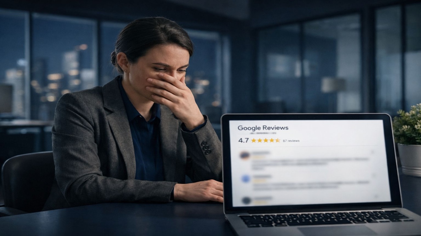 التقييمات الإلكترونية تؤثر على الأعمال - سيدة أعمال محترفة تشاهد تقييمات Google على الكمبيوتر المحمول تُظهر تقييم 4.7 نجوم مما يمثل ضغط أصحاب الأعمال من التقييمات السلبية التي تسبب خسارة العملاء وانخفاض الإيرادات والعيوب التنافسية التي تتطلب حلول إدارة التقييمات