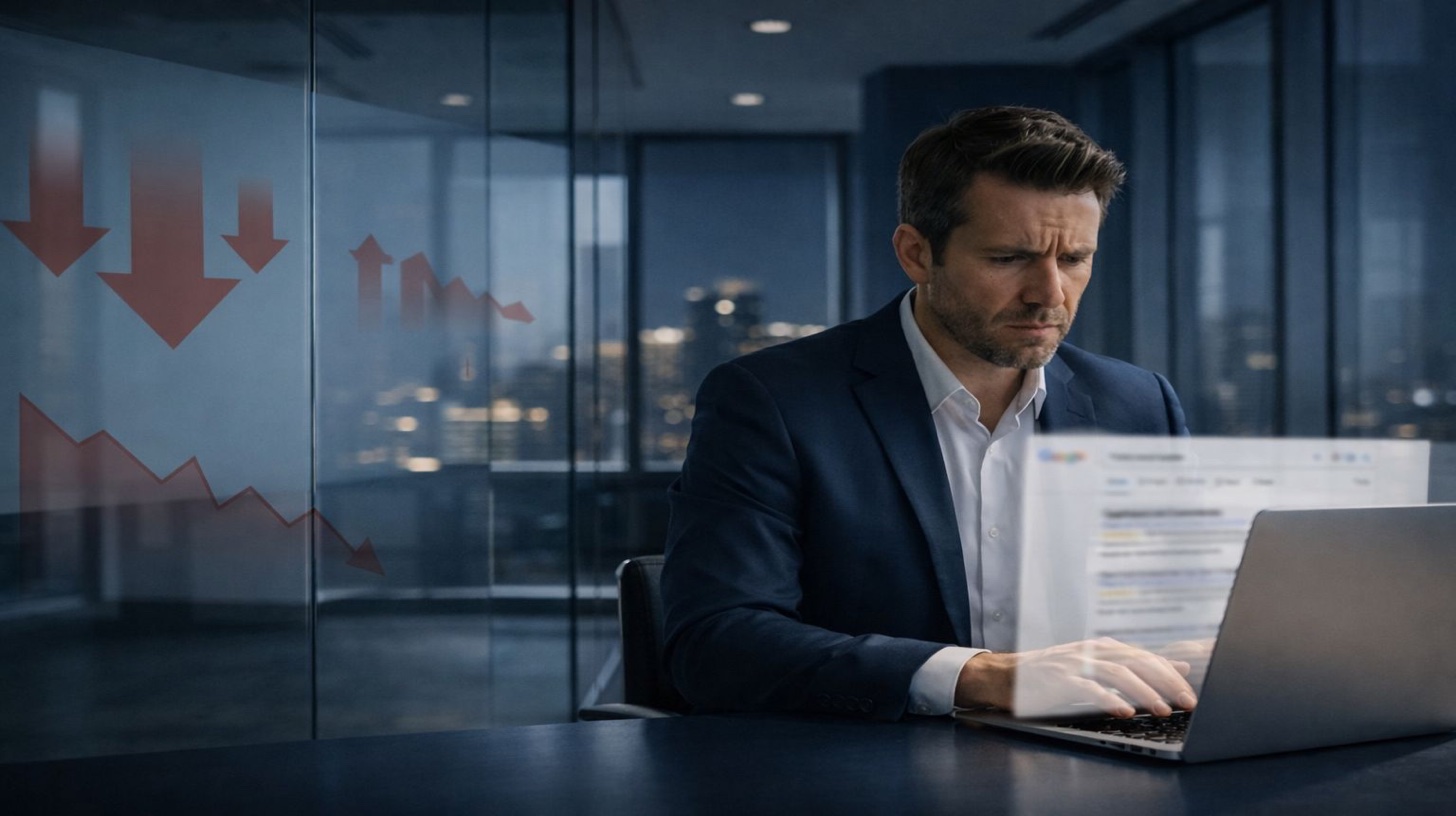 التقييمات الإلكترونية تضر بالترتيب - محترف يشاهد كمبيوتر محمول مع رسم بياني منخفض يُظهر أسهماً حمراء هابطة تمثل انخفاض ترتيب البحث بسبب نقص التقييمات الحديثة مما يسبب فقدان الظهور والعيوب التنافسية وانخفاض الإيرادات مما يتطلب استراتيجية عاجلة لاكتساب التقييمات