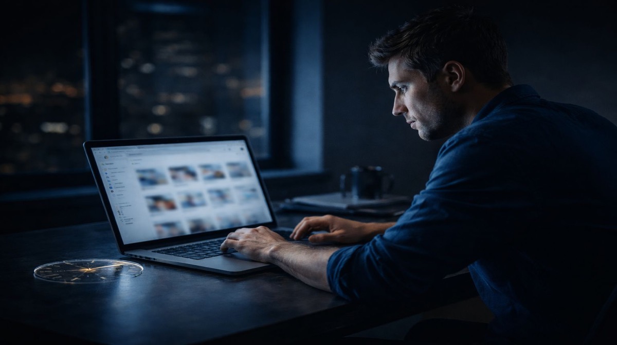 حماية محتوى أونلي فانز كل ساعة مهمة - صانع محتوى يراقب حاسوباً يعرض لوحة إدارة المحتوى في بيئة عمل مظلمة