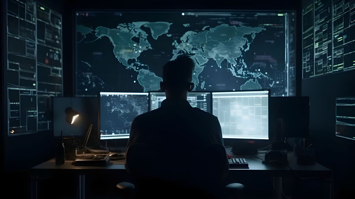 OnlyFans DMCA takedown solution specialized protection - cybersecurity analyst monitoring global content protection operations with world map display and multiple monitoring screens
