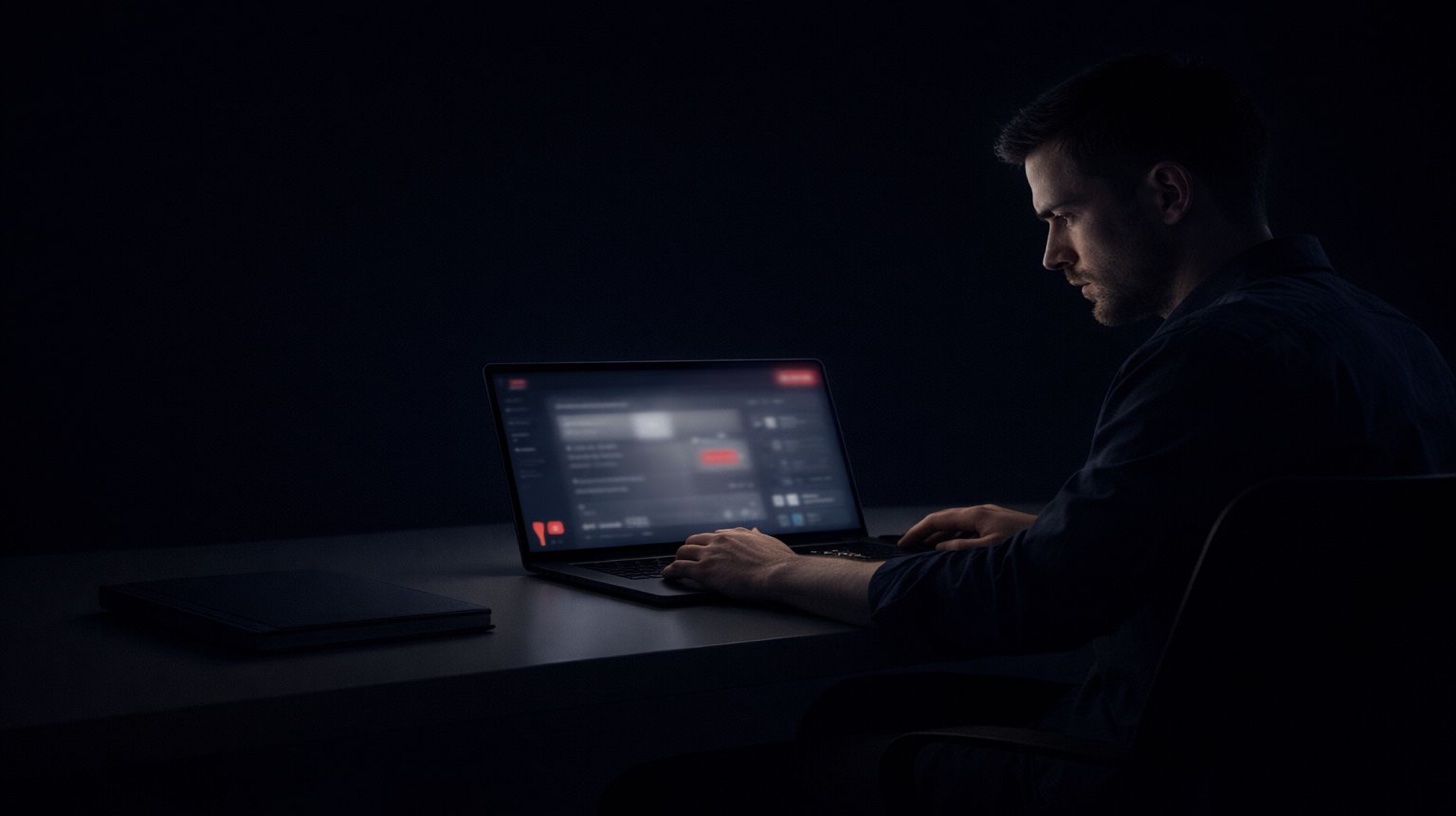 Patreon DMCA immediate action essential - professional monitoring Patreon interface on laptop in dark environment showing urgent timeline for premium content protection preventing subscription loss and piracy distribution requiring immediate DMCA takedown response