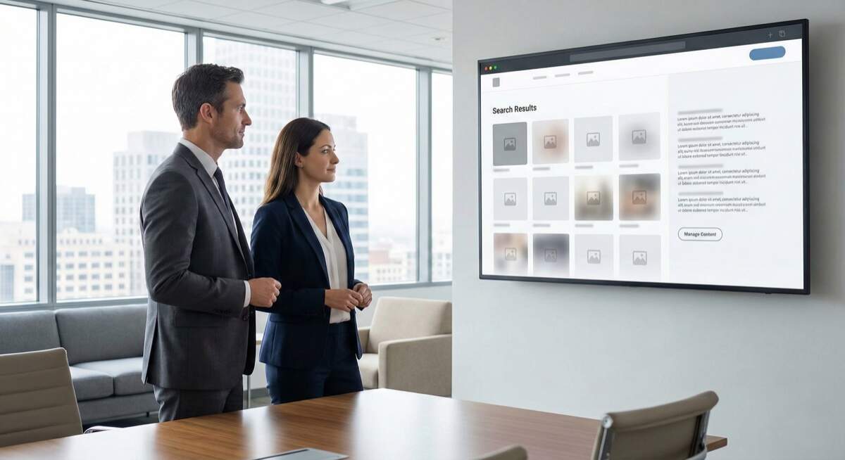 Remove images from Google unwanted search results - business professionals reviewing Google image search results containing unwanted and sensitive photos requiring removal