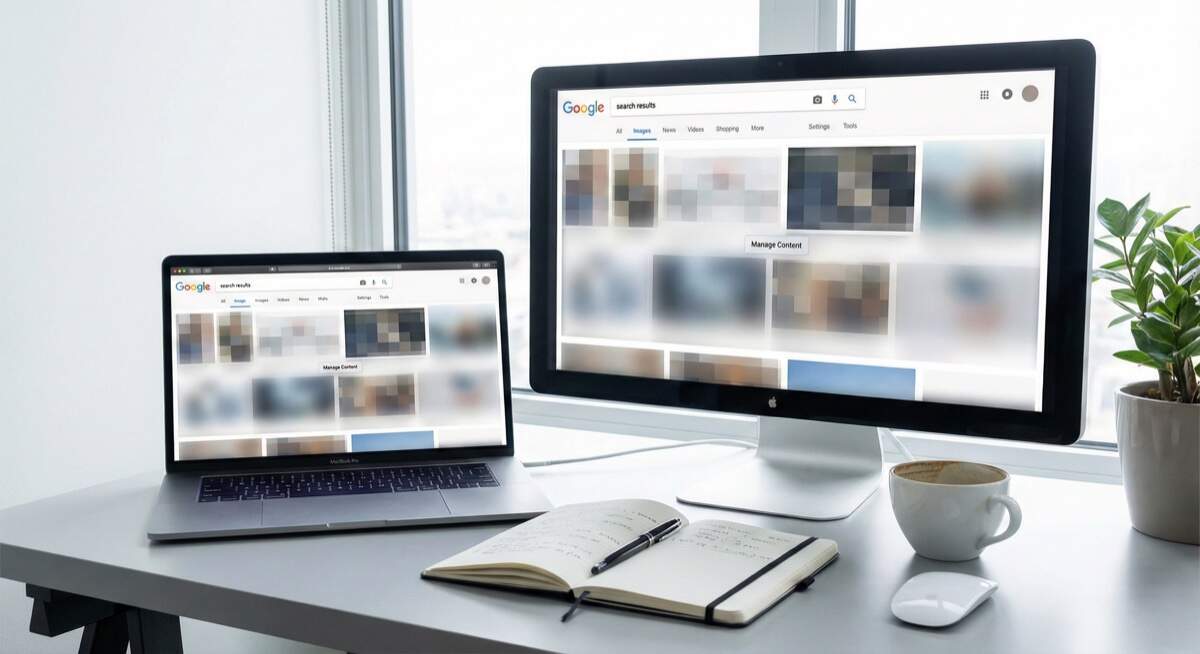 Remove images from Google spread everywhere - multiple devices displaying Google image search results showing how personal photos spread across internet platforms and websites