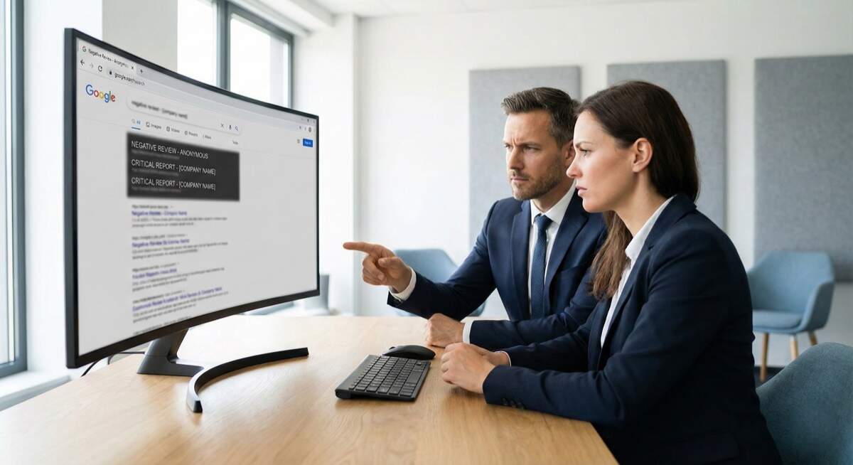 Remove negative search results stronger every day - business professionals analyzing concerning Google search results showing how negative content strengthens over time without intervention