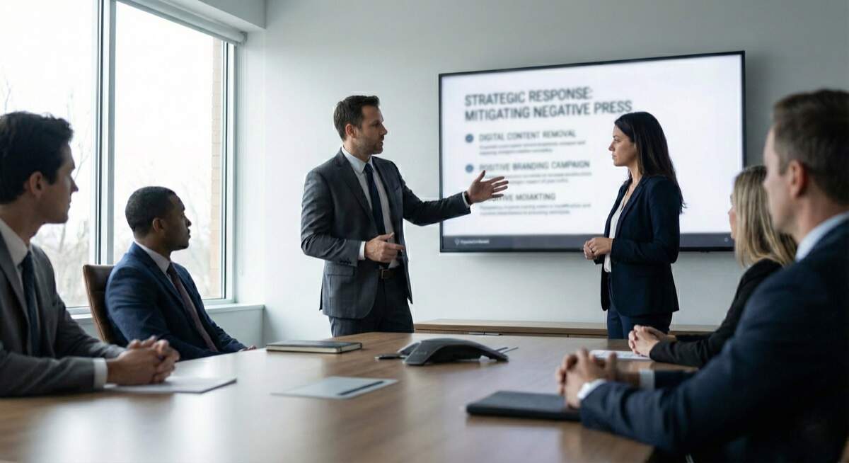 Remove online defamation strategic response - business professionals in crisis management meeting developing strategic plan to mitigate negative press and defamation spread