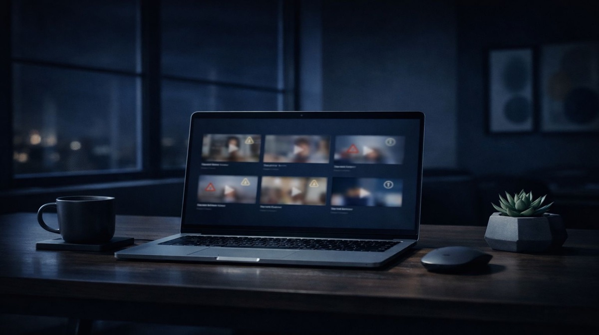 حذف الفيديوهات من الإنترنت - شاشة لابتوب تعرض شبكة من الفيديوهات غير المرغوبة مع مؤشرات تحذيرية تنتشر عبر الإنترنت