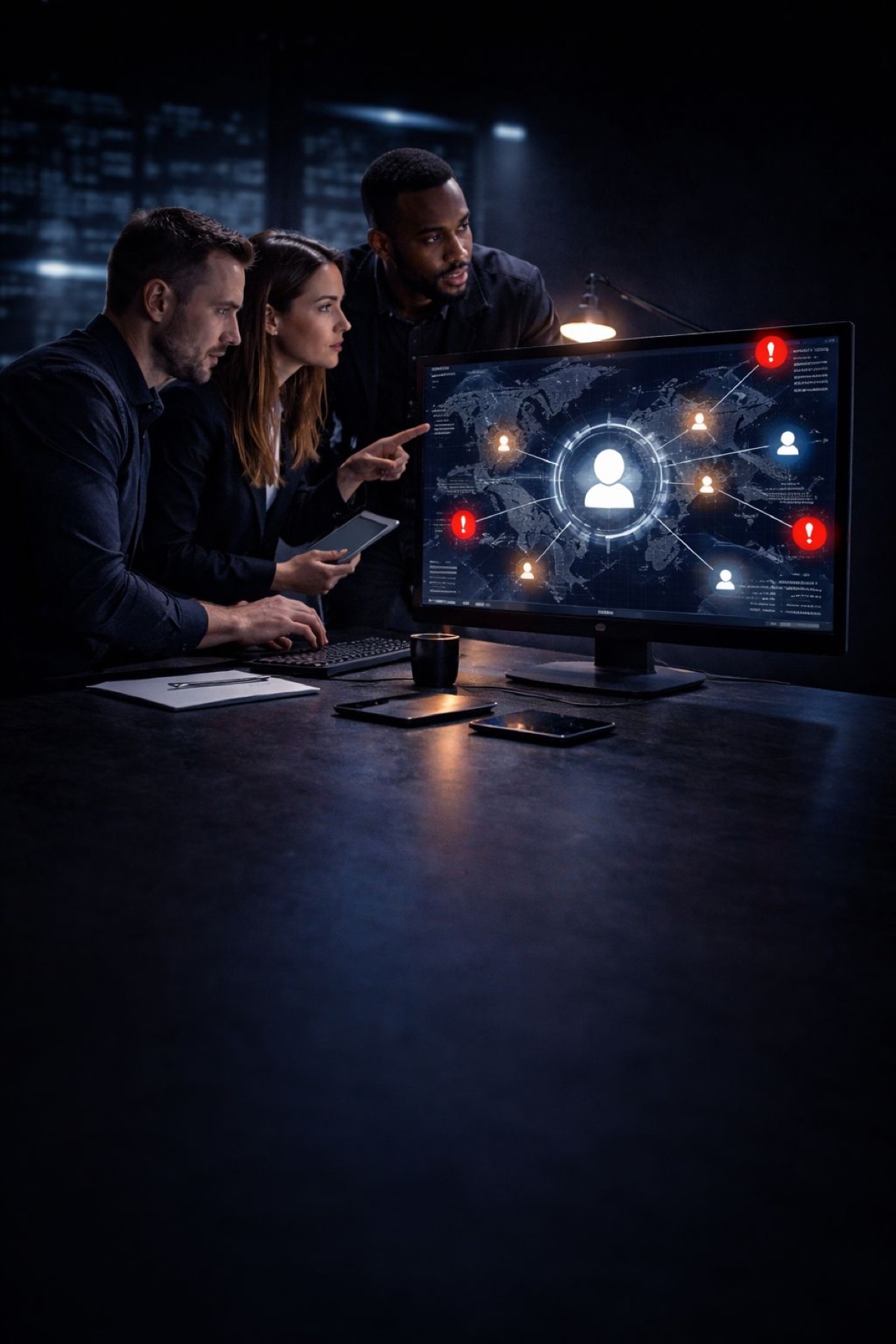 Reporting social media blackmail solution - team analyzing social media threat map with user icons and alert markers on monitor in dark cybersecurity operations center